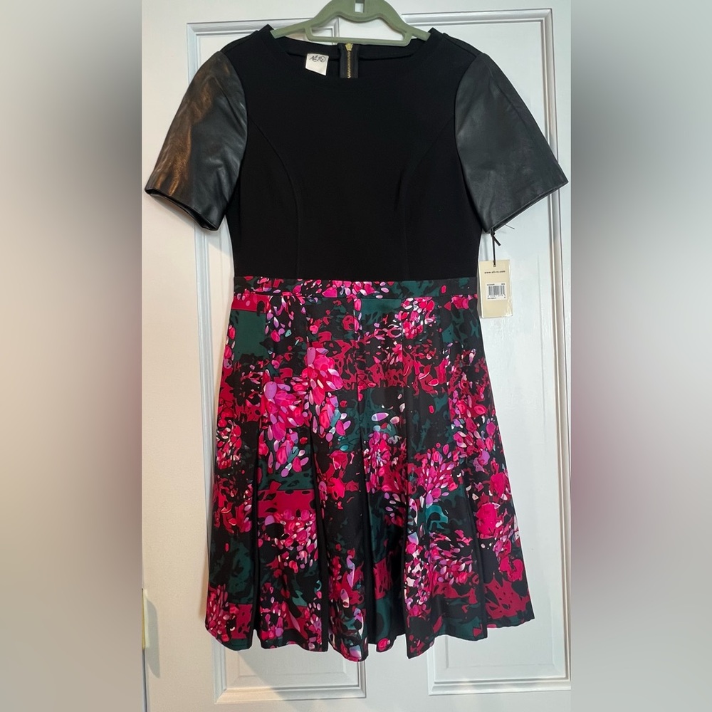 Floral Black and Pink Dress with Leather Sleeves- Ali Ro